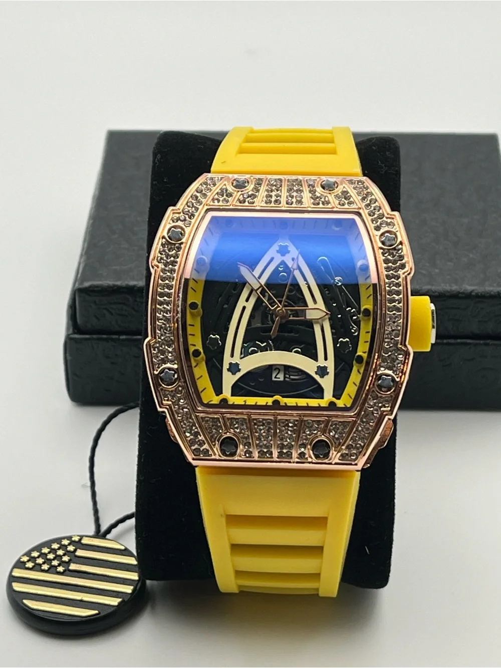 Men's Yellow Silicone Strap Watch with Crystal-Embellished Rose Gold Case